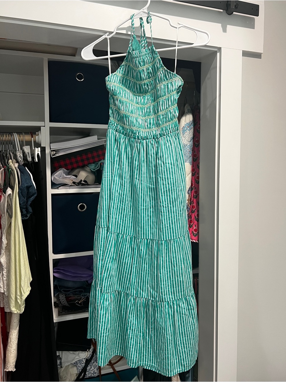 BB Dakota by Steve Madden Teal and White Striped Halter Midi Dress
